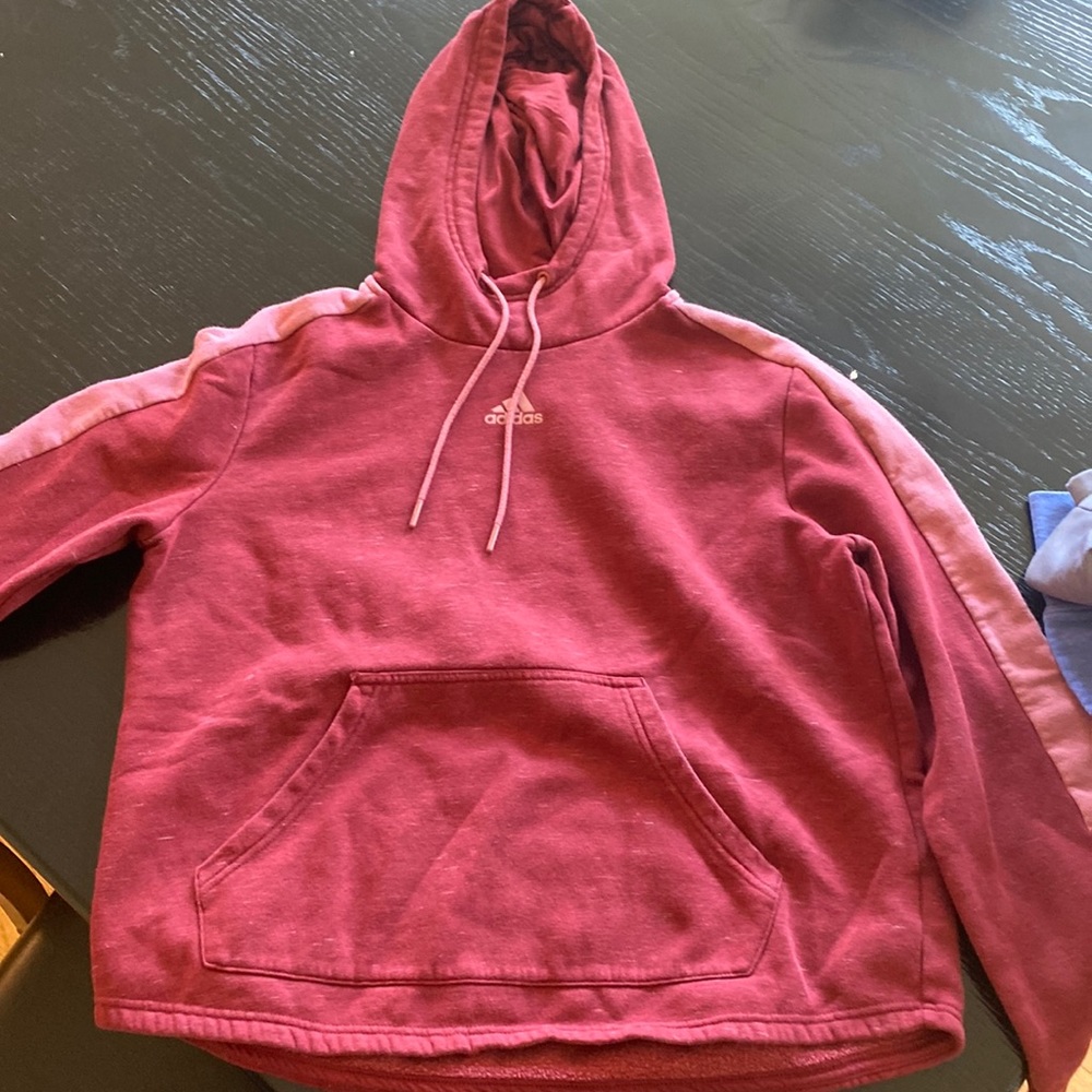 Large red and pink adidas hoodie.